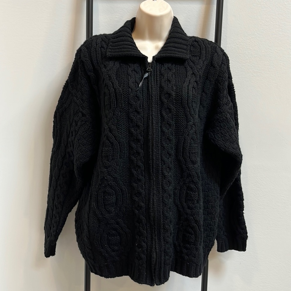 Aran Crafts 100% Merino Wool Made In Ireland Black Chunky Knit Full Zip Cardigan